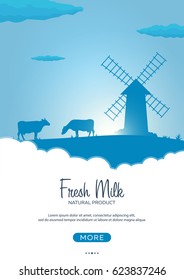 Poster Milk natural product. Rural landscape with mill and cows. Dawn in the village