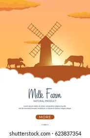 Poster Milk natural product. Rural landscape with mill and cows. Dawn in the village