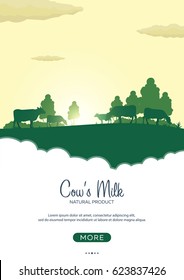 Poster Milk natural product. Rural landscape with mill and cows. Dawn in the village