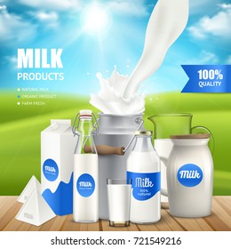 Poster with milk products at wooden table on background of blue sky and green pasture vector illustration  