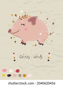 Poster with mini pig from collection with seamless patterns in autumn colors. Good for wallpaper and textile.