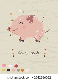 Poster with mini pig from collection with seamless patterns in autumn colors. Good for wallpaper and textile.