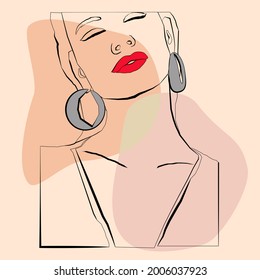 A poster with a minimal female face . The woman has her eyes closed and large earrings and red lipstick on her lips. The style of drawing with a single line.
