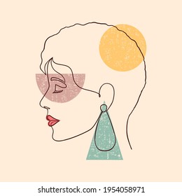 Poster with minimal woman face on beige background.
