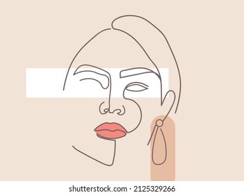 Poster with minimal woman face. One line drawing style, illustration for women's day, 
vector illustration