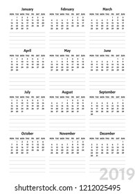 Poster in minimalist design with illustration of bright pattern, colorful calendar of 2019 new year