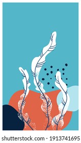 Poster in minimalistic modern style with flowing shapes, seaweed and rough texture. Place for your own text in the design. Vector.