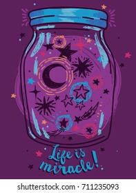 Poster for miracles, magical jar with stars and moon inside, sketch style, vector illustration