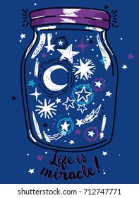 Poster for miracles, magical jar with stars and moon inside, sketch style, vector illustration