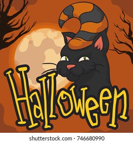 Poster with mischievous cat with hat and spooky forest with branch silhouettes in a full moon night of Halloween.
