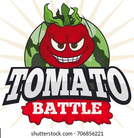 Poster with a mischievous tomato over a camouflaged button and greeting sign over splatted juice for a funny Tomato Battle.