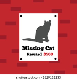 Poster of a Missing Cat on the Wall Flat Style. Pet got lost and owner is looking for it vector art