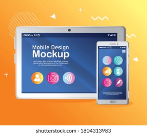 afiche de diseño móvil de simulación, tableta realista y diseño de ilustración vectorial de simulación de smartphone