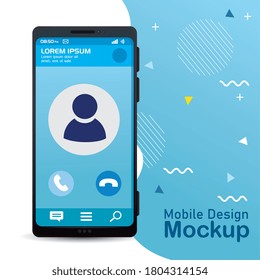 simulación de diseño móvil de afiches, simulación de smartphone realista con diseño de ilustración de vector de llamada en pantalla