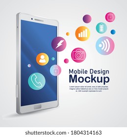 afiche de diseño móvil, simulación realista de smartphone con iconos diseño de ilustración vectorial