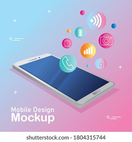 poster mobile design mockup, realistic smartphone with icons vector illustration design