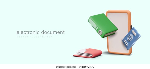 Poster mit Mobiltelefon, grüner Ordner mit Dateien und roter Ordner mit Dokumentation, Pass