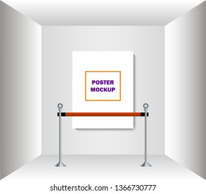 Poster Mock Up, Blank Clean Empty Vertical Poster Hanging On Wall In White Room With Steel Barricade With Red Band In Museum Or Exhibition, Vector Illustration Mockup