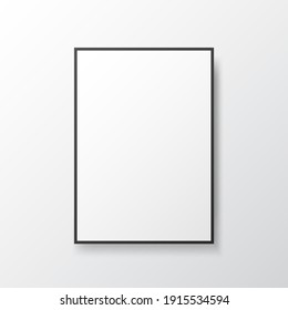 Poster Mockup Frame. White Blank On Light Wall. Photo Template With Black Frame. Isolated Painting With Soft Shadow. Empty Sheet Close Up. Vector Illustration.