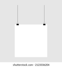 Poster mockup hanging paper, blank clip page background, template sheet vector illustration frame .