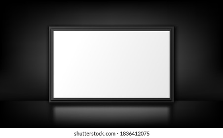 Poster mockup isolated on the black. White lightbox. Empty advertising panel. Vector realistic illustration