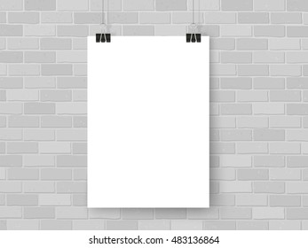 Poster mockup on binder clips on grey brick wall. Modern poster template mock up. Empty simple vector for your illustrations, drawings, paintings, quotes or photos.