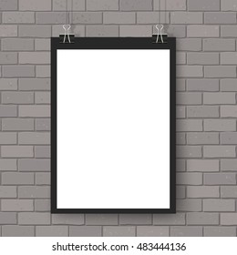 Poster mockup on binder clips on grey brick wall. Modern poster template mock up. Empty simple vector for your illustrations, drawings, paintings, quotes or photos.