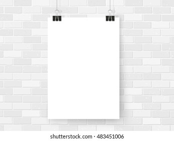 Poster mockup on binder clips on white brick wall. Modern poster template mock up. Empty simple vector for your illustrations, drawings, paintings, quotes or photos.