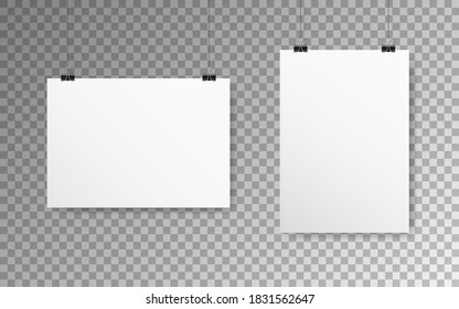 Poster mockup on transparent backdrop. White paper with soft shadow. Empty A4 hanging on a wall. Realistic template on a rope. Horizontal and vertical banner. Vector illustration.