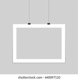 Poster mockup. Vector mock up blank paper hanging on office clip. Paper gallery set on white background.