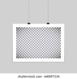Poster mockup. Vector mock up blank paper hanging on office clip. Paper gallery set on white background.