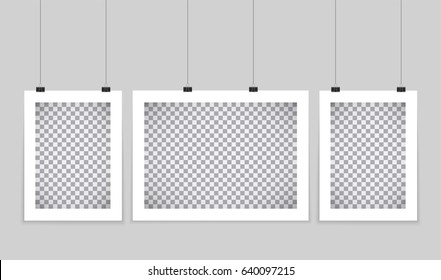 Poster mockup. Vector mock up blank paper hanging on office clip. Paper gallery set on white background.