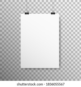 Poster mockup vertical. White empty paper with clips. Realistic sheet hanging on light wall. A4 blank on transparent backdrop. White template with soft shadow. Vector illustration.