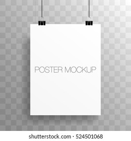 Poster mockup. White blank mock up with binders. Vector poster mockup with realistic shadow on checkered background.