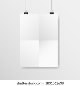 Poster mockup. White vertical crumpled paper with clips. Realistic A4 template hanging on a light wall. Banner on a rope. White empty sheet with soft shadow. Vector illustration.