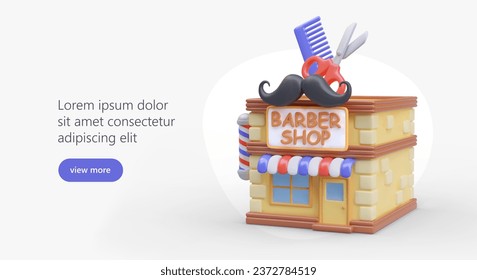 Poster mit Modell für Friseur-Shop in realistischem Stil. Online-Bestellung von Haarschneiddiensten. Webseite mit Schaltfläche und Platz für Text. Vektorgrafik