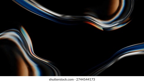 Poster with modern 3d liquid glass element isolated on a black background. 3d render of transparent form, mirror with holographic gradient and light dispersion, refraction and iridescent effects