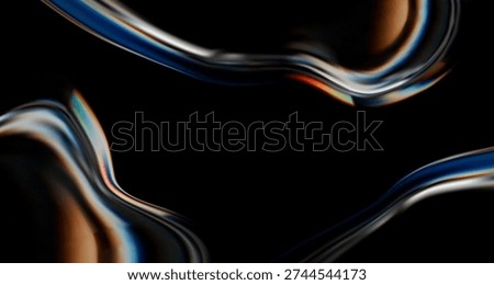 Poster with modern 3d liquid glass element isolated on a black background. 3d render of transparent form, mirror with holographic gradient and light dispersion, refraction and iridescent effects