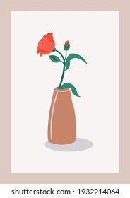 Poster of modern art in pastel colors. Abstract painted flower, leaves and vase . Great design for social networks, postcards, printing.