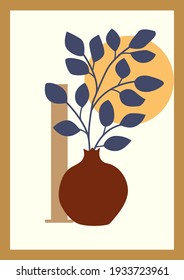 Poster of modern art in pastel colors. Abstract fantasy painted branches with leaves and vases . Excellent design for social networks, postcards, printing. Vector illustration