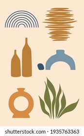 Poster from modern decoration elements Vase, stones, rainbow, plants, bottle vector illustration. Abstract forms for the intrier.