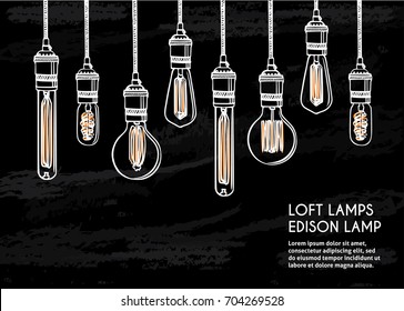 Poster with modern edison loft lamps, vintage, retro style light bulbs. Hand drawn vector set of different geometric loft lamps
 - Shutterstock ID 704269528