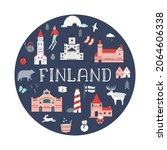 Poster in a modern flat style with famous symbols and landmarks of Finland. Abstract vector illustration.