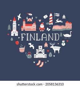 Poster in a modern flat style with famous symbols and landmarks of Finland. Abstract vector illustration.