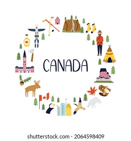 Poster in a modern flat style with famous symbols and landmarks of Canada. Abstract vector illustration.