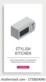 Poster with a modern microwave in isometric style on a white background. Kitchen interior element for a futuristic style. Stylish vector illustration.