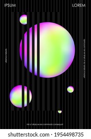 Poster with a modern sphere. Holographic gradient. Black background with stripes.