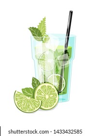 Poster With Mojito Cocktail And Lime Slices. Vector Illustration