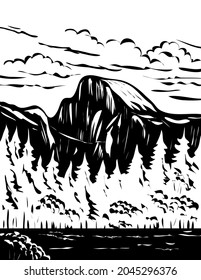 poster monochrome art of Half Dome at the eastern end of Yosemite Valley in Yosemite National Park, USA done in works project administration black and white style.