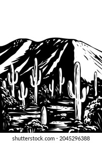 poster monochrome art of Wasson Peak in the Tucson Mountain District of Saguaro National Park Arizona, USA done in works project administration black and white style.
